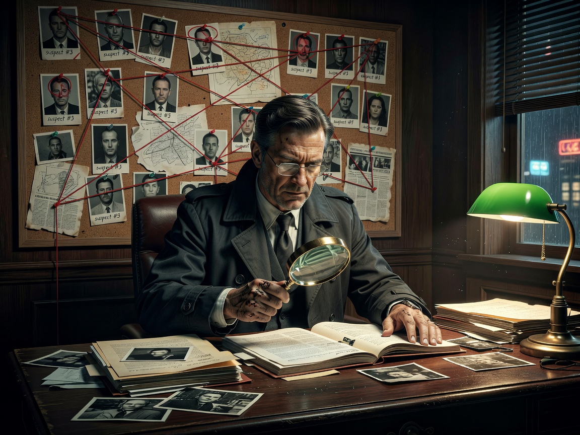 Premium Detective Slot game artwork featuring a professional detective in a dark investigation office with an evidence board, magnifying glass, and case files